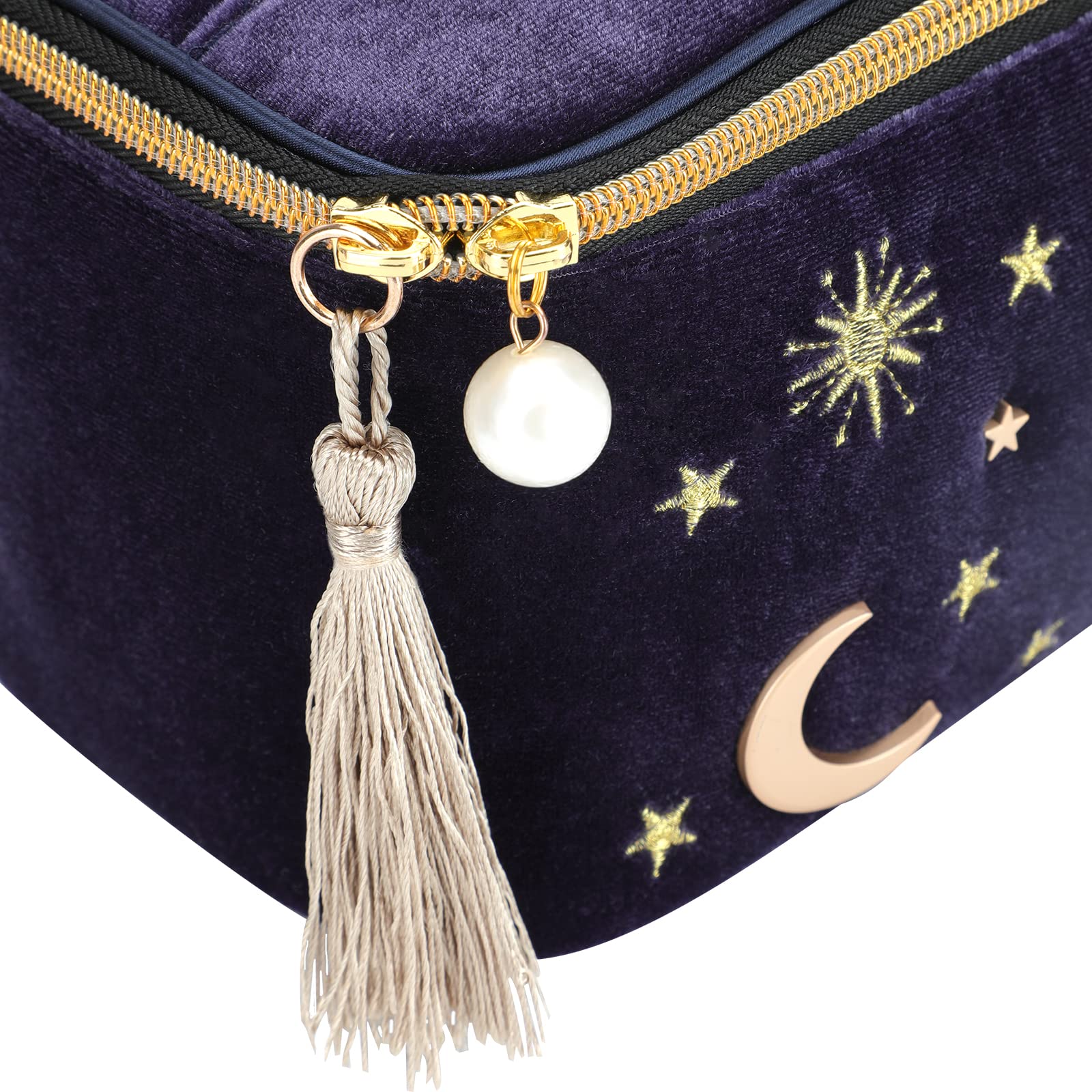 Handy cosmetic makeup bag,square Navy Velvet Embroidered Applique Moon Stars Sun Cosmetic Bag,High capacity Starry Makeup Pouch with Tassels & Pearl Zipper,Beautician Storage Bag Clutch Handbags