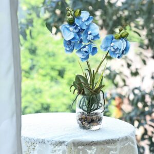 Jusdreen 1 Pcs Glass Vase Artificial Orchid Flower Bonsai Vivid Phalaenopsis Flowers Potting for Home Office Décor,Table Centerpiece Room Decorations 14.5 INCH (Glass Vase/Blue Orchid)