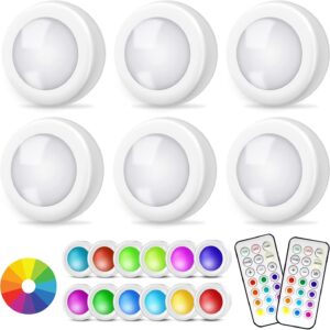 led puck lights, battery operated under cabinet light, rgb color changing night lights with timer, dimmable push light for bathroom kitchen bedroom, 6 pack