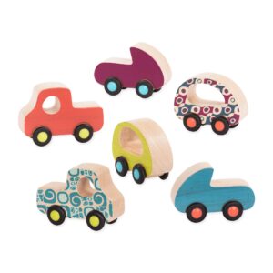 b. toys- 6 little wooden toy cars- free wheee-lees- vehicles- colorful car play set for toddlers, kids- 1 year +