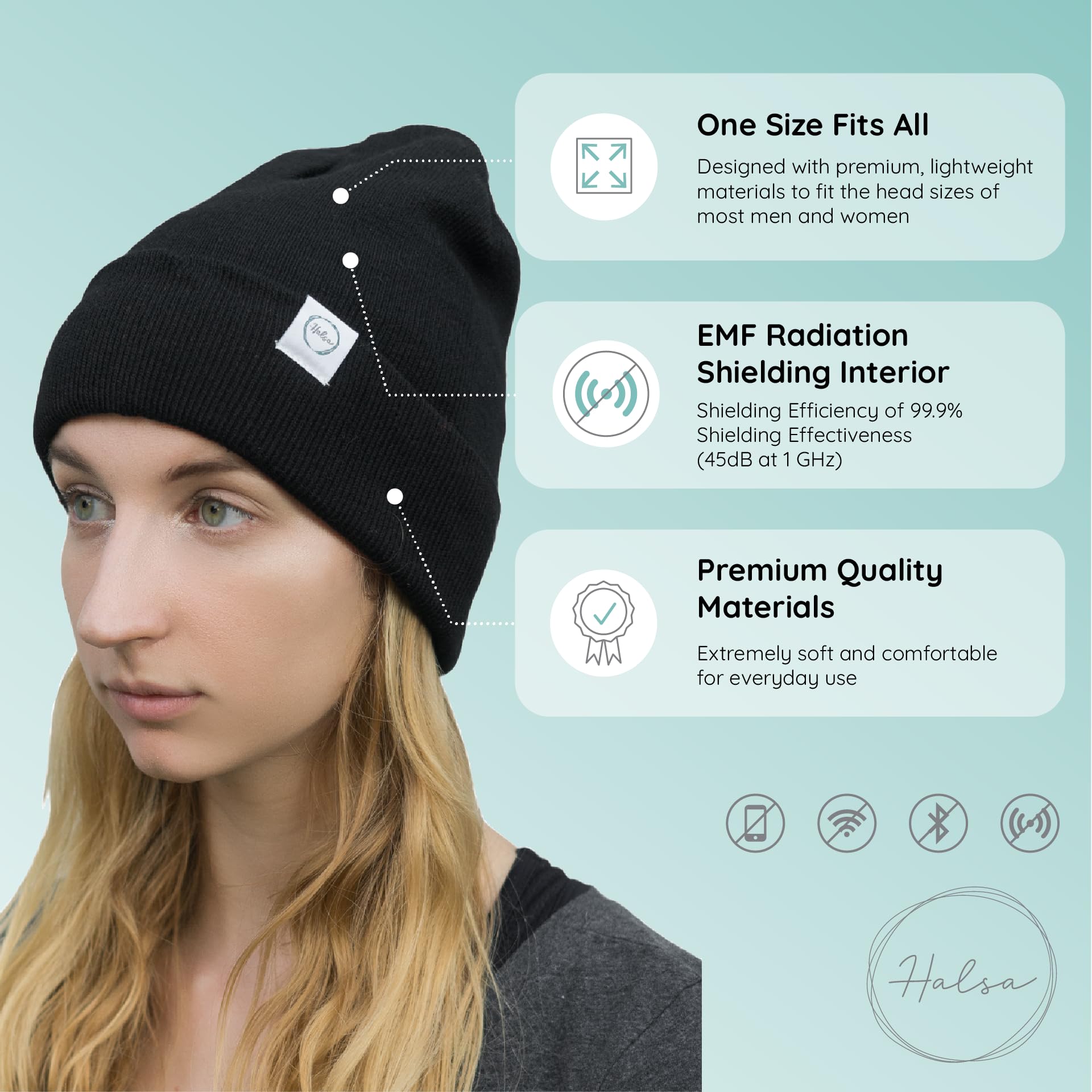 HALSA EMF Protection Hat, Faraday Beanie. EMF RF Shielding Silver Fabric. High Shielding Efficiency 99.99%. Reduce 5G, 4G, Cellular, WiFi, Bluetooth, Smart Meter RF Exposure.