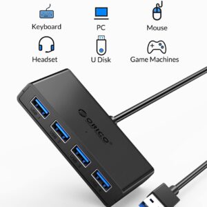 ORICO 4-Port USB 3.0 hub, USB hub 3.0 with Power Supply Port[Charging Not Supported], 5 ft Data Cable for Desktop, iMac, Surface Pro, XPS, USB Flash Drives, Mobile HDD, and More - Black