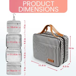 WDLHQC Hanging Travel Toiletry Bag with Hook | Water Proof Zip Bag with 4 Compartments + 2 Outer Zip Pockets | Cosmetic Travel Bag for Toiletries | Travel Essentials for Women & Men (Black Stripe)