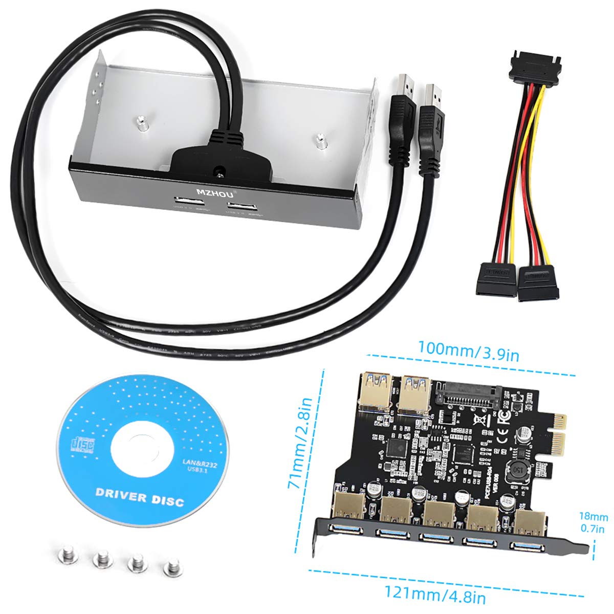 MZHOU 7 Ports PCI-E to USB 3.0 Expasion Card with 19-Pin SATA Power Connector Superspeed up to 5Gbps,and The Front Panel Bay and 1 Power Supply Cables,for Window 7/8/10/XP/Vista