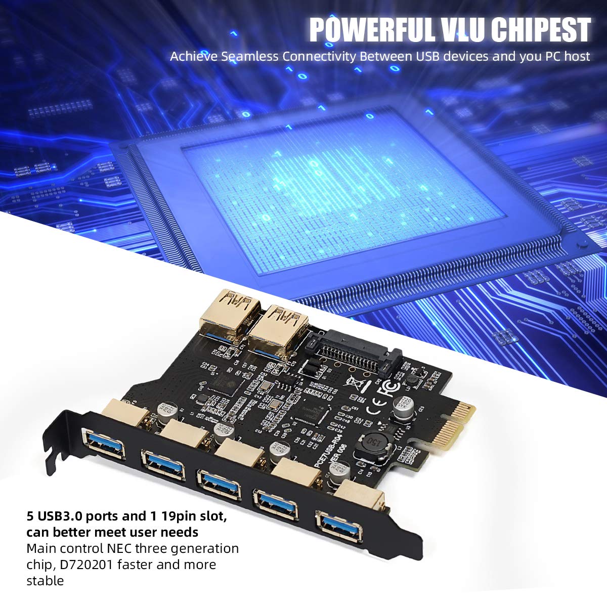 MZHOU 7 Ports PCI-E to USB 3.0 Expasion Card with 19-Pin SATA Power Connector Superspeed up to 5Gbps,and The Front Panel Bay and 1 Power Supply Cables,for Window 7/8/10/XP/Vista