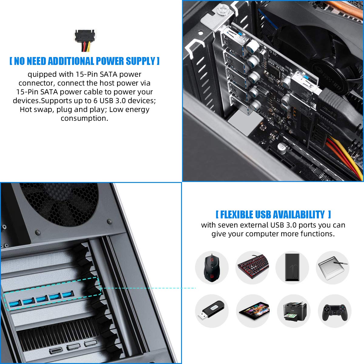 MZHOU 7 Ports PCI-E to USB 3.0 Expasion Card with 19-Pin SATA Power Connector Superspeed up to 5Gbps,and The Front Panel Bay and 1 Power Supply Cables,for Window 7/8/10/XP/Vista