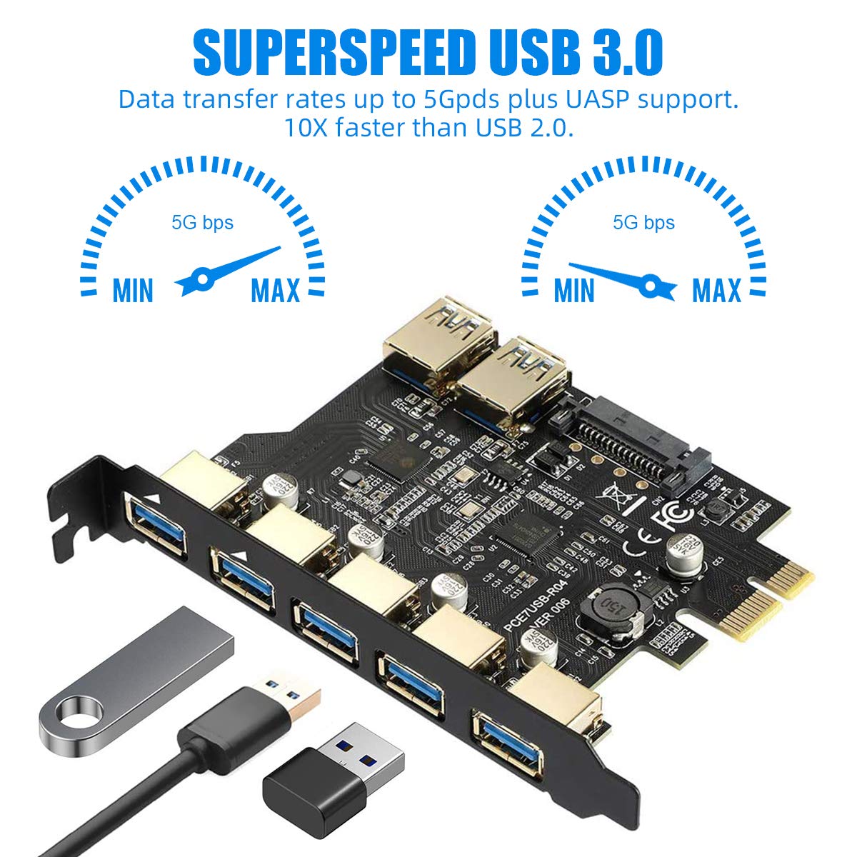 MZHOU 7 Ports PCI-E to USB 3.0 Expasion Card with 19-Pin SATA Power Connector Superspeed up to 5Gbps,and The Front Panel Bay and 1 Power Supply Cables,for Window 7/8/10/XP/Vista