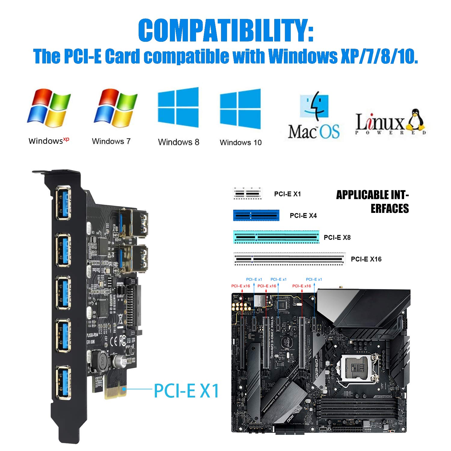 MZHOU 7 Ports PCI-E to USB 3.0 Expasion Card with 19-Pin SATA Power Connector Superspeed up to 5Gbps,and The Front Panel Bay and 1 Power Supply Cables,for Window 7/8/10/XP/Vista