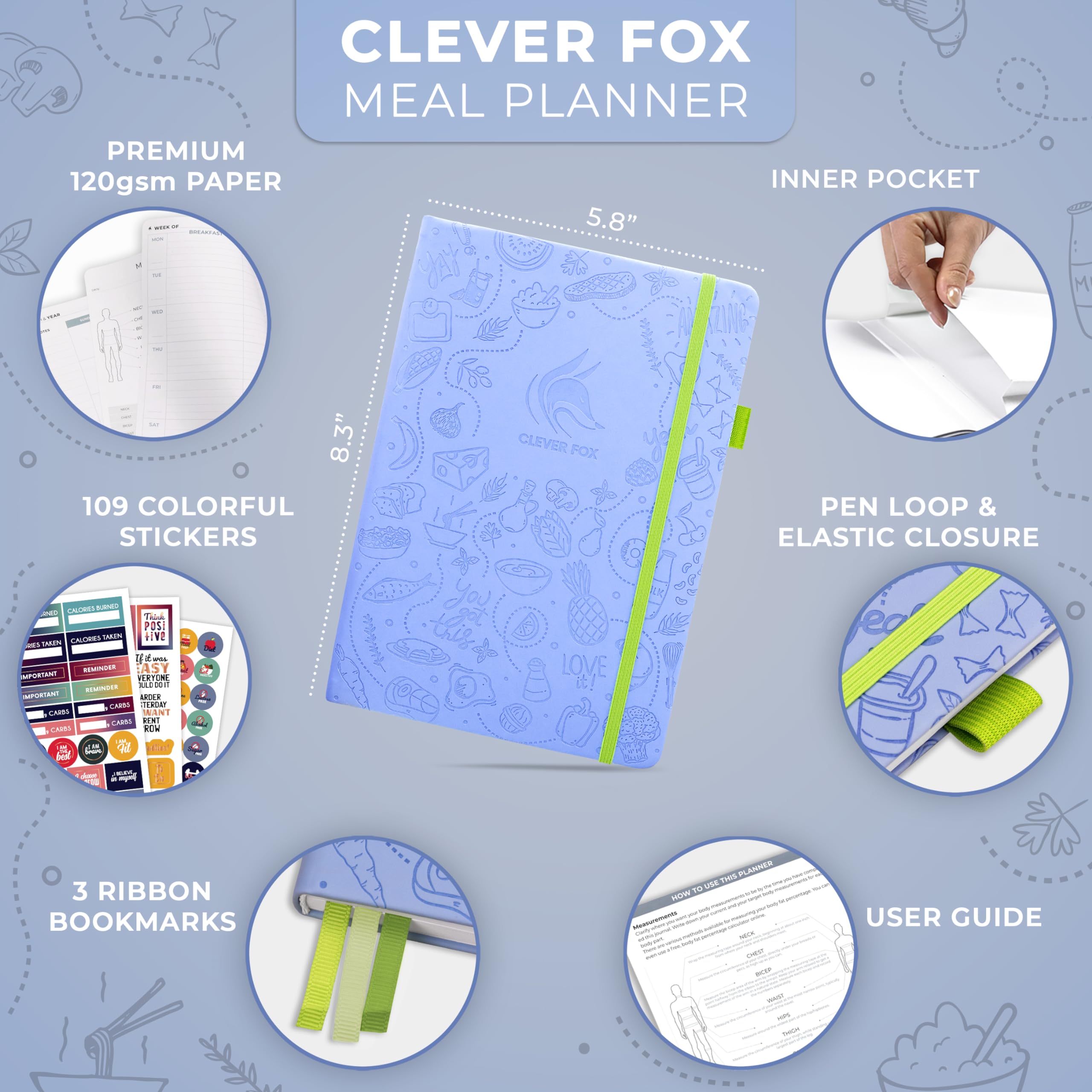 Clever Fox Weekly Meal Planner - Weekly & Daily Meal Prep Journal with Shopping and Grocery Lists for Menu Planning, Healthy Diet & Weight Loss Tracking, Lasts 1 Year, Undated, A5 - Light Blue