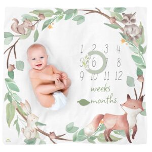itzy ritzy muslin milestone blanket set; includes one blanket and two date markers; capture weekly and monthly infant milestones, woodland animals