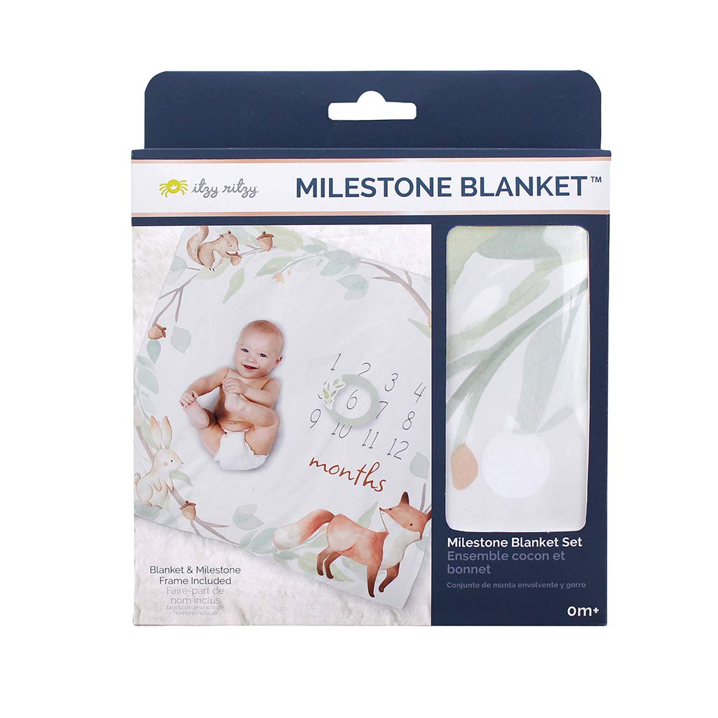 Itzy Ritzy Muslin Milestone Blanket Set; Includes One Blanket and Two Date Markers; Capture Weekly and Monthly Infant Milestones, Woodland Animals