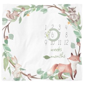 Itzy Ritzy Muslin Milestone Blanket Set; Includes One Blanket and Two Date Markers; Capture Weekly and Monthly Infant Milestones, Woodland Animals