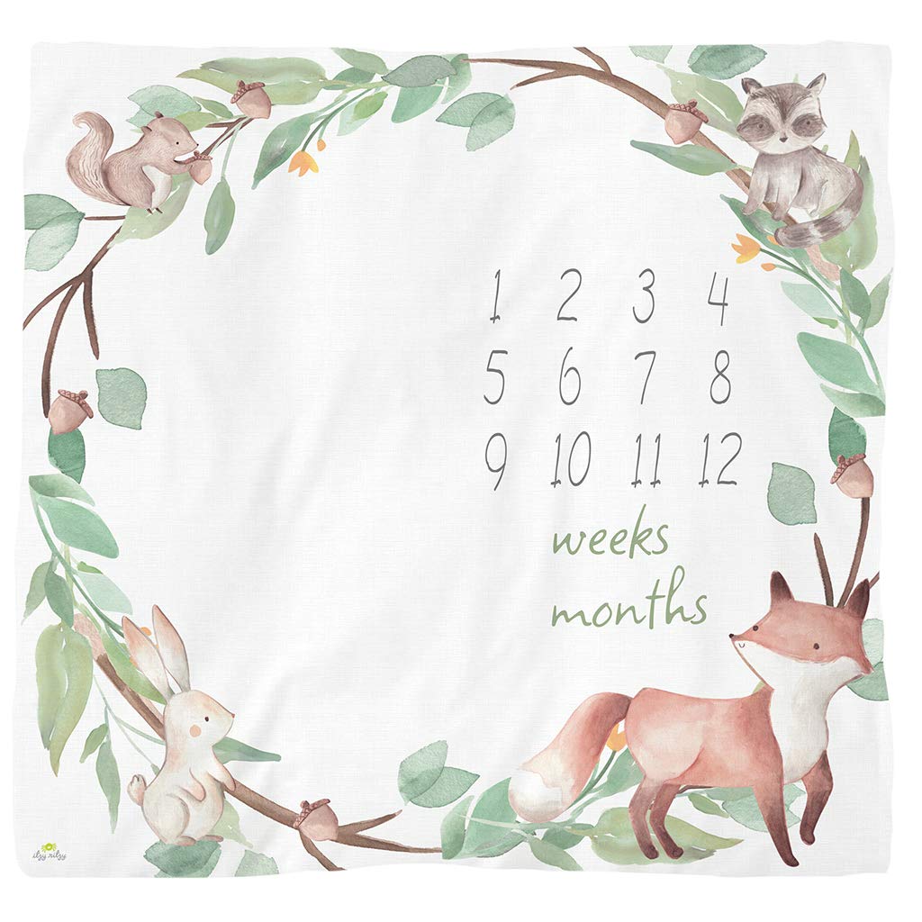 Itzy Ritzy Muslin Milestone Blanket Set; Includes One Blanket and Two Date Markers; Capture Weekly and Monthly Infant Milestones, Woodland Animals