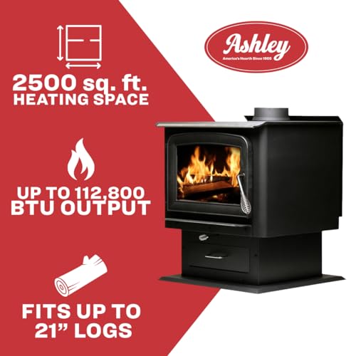 Ashley Hearth AW2520E-P 2,500 Sq. Ft. EPA Certified Pedestal Wood Burning Stove, Medium, Black