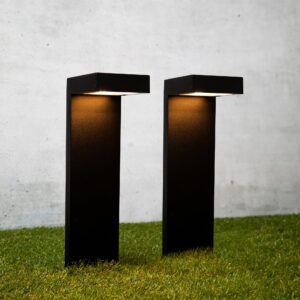 enchanted spaces set of 2 modern solar black metal outdoor l-shaped path lights with bright led, solid metal aluminum groundstake