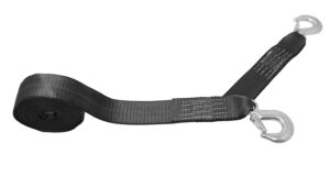 customtiedowns 2 inch x 20 foot heavy duty replacement winch strap with a 15 inch safety strap. 2 forged hooks. 1 inch long loop opening on the opposite end. breaking strength: 10000 lb (black)