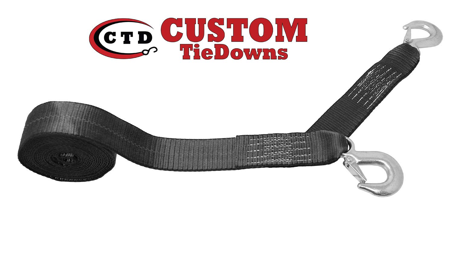 CustomTieDowns 2 Inch x 20 Foot Heavy Duty Replacement Winch Strap with a 15 inch Safety Strap. 2 Forged Hooks. 1 Inch Long Loop Opening On The Opposite End. Breaking Strength: 10000 lb (Black)