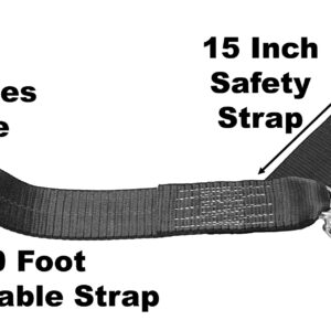 CustomTieDowns 2 Inch x 20 Foot Heavy Duty Replacement Winch Strap with a 15 inch Safety Strap. 2 Forged Hooks. 1 Inch Long Loop Opening On The Opposite End. Breaking Strength: 10000 lb (Black)