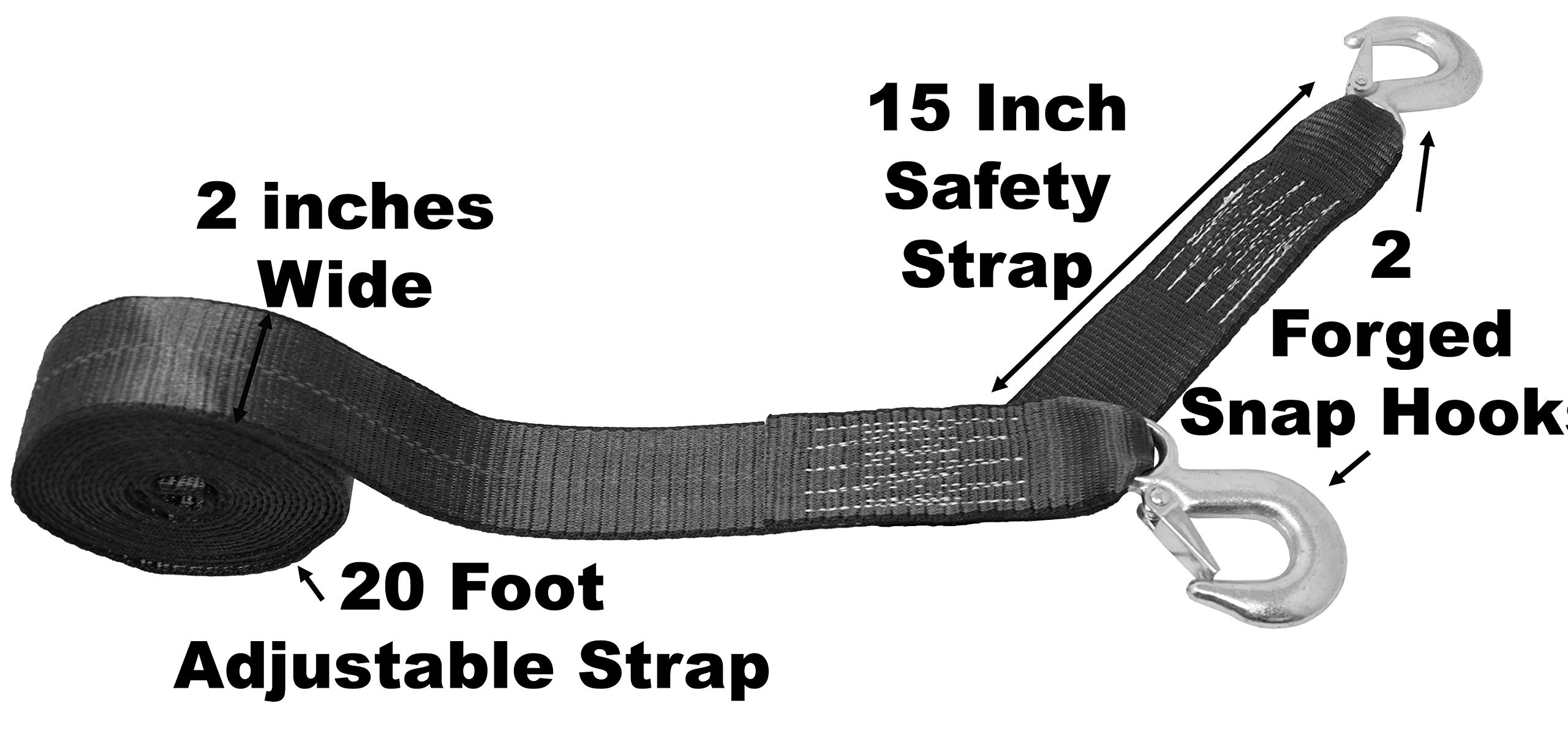 CustomTieDowns 2 Inch x 20 Foot Heavy Duty Replacement Winch Strap with a 15 inch Safety Strap. 2 Forged Hooks. 1 Inch Long Loop Opening On The Opposite End. Breaking Strength: 10000 lb (Black)