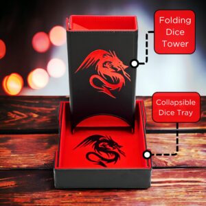 Luck Lab Folding Dice Tower and Dice Tray for RPG Table Top Gaming - Black/Red - Dragon Design