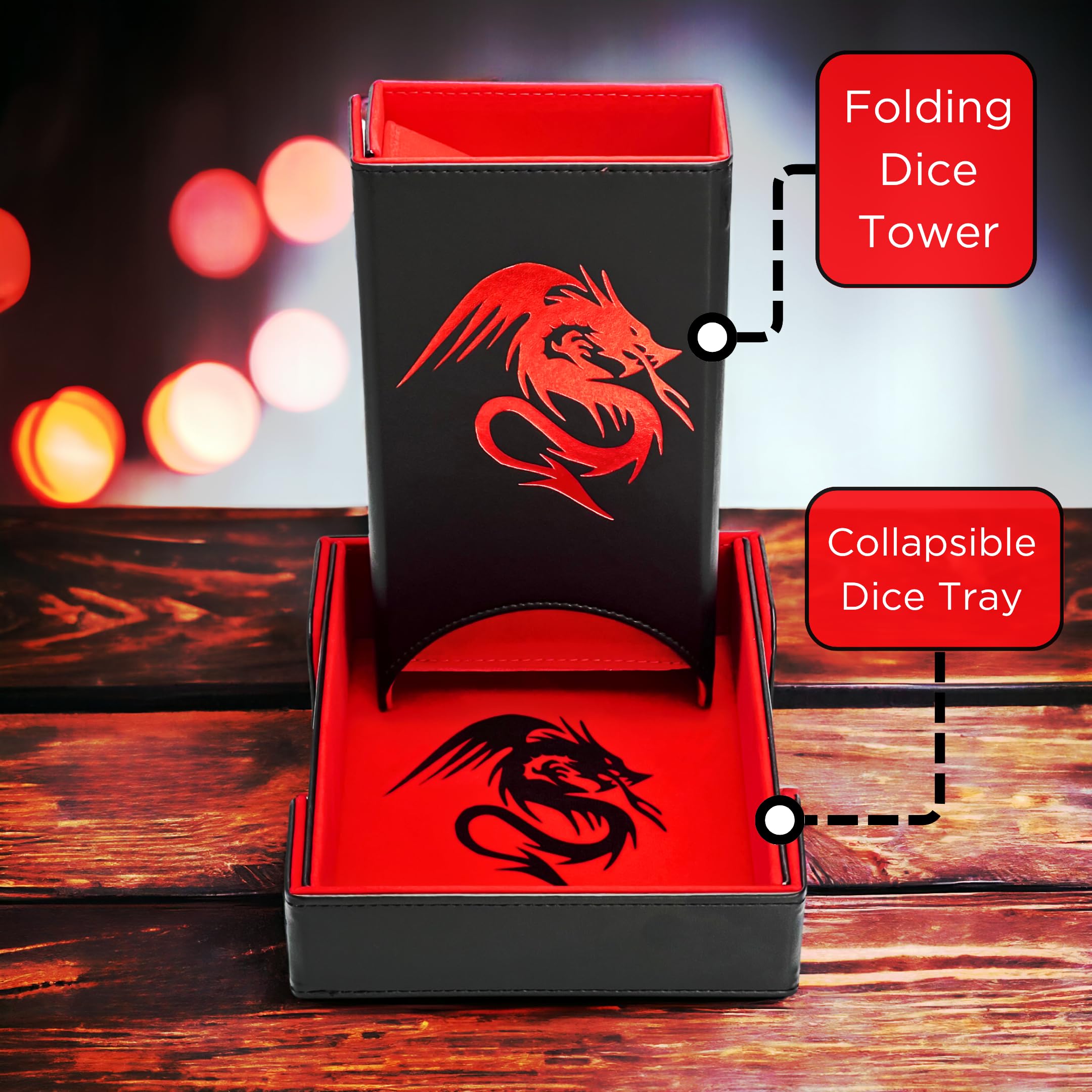 Luck Lab Folding Dice Tower and Dice Tray for RPG Table Top Gaming - Black/Red - Dragon Design