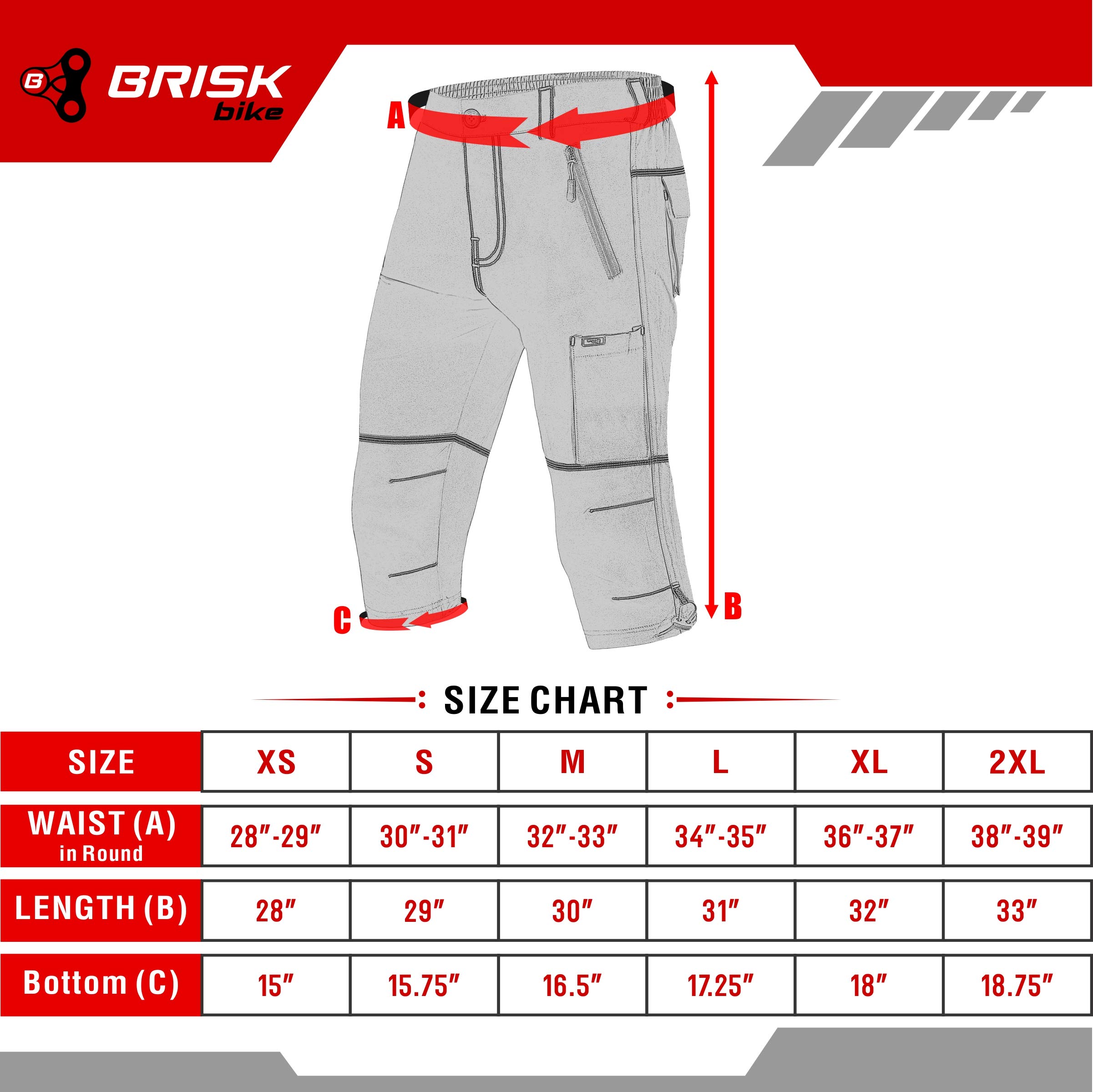 Brisk Bike 3/4 MTB Short Mountain Bike Cycling Short (Grey, M)