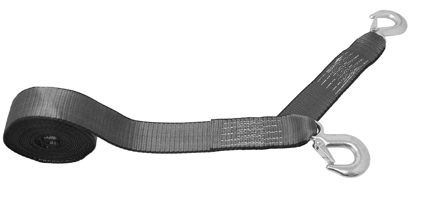 CustomTieDowns 2 Inch x 20 Foot Replacement Winch Strap, Tow Strap, 2 Forged Hooks, 1 Inch Long Loop Opening On The Opposite End. Breaking Strength: 10000 lb (Gray)