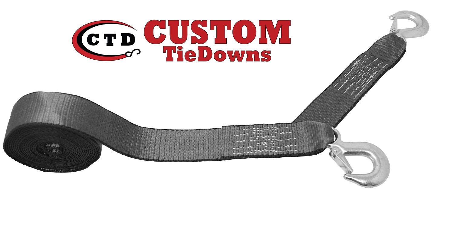 CustomTieDowns 2 Inch x 20 Foot Replacement Winch Strap, Tow Strap, 2 Forged Hooks, 1 Inch Long Loop Opening On The Opposite End. Breaking Strength: 10000 lb (Gray)