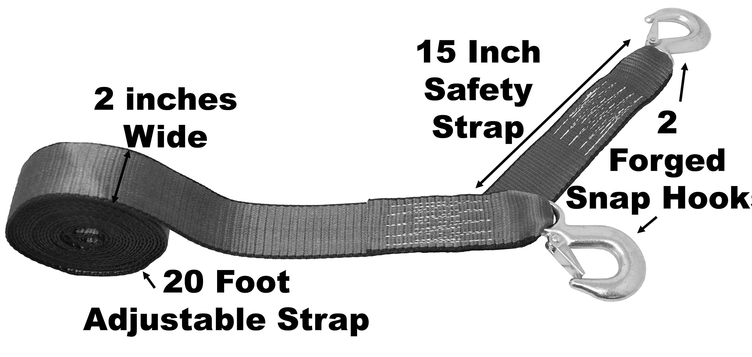 CustomTieDowns 2 Inch x 20 Foot Replacement Winch Strap, Tow Strap, 2 Forged Hooks, 1 Inch Long Loop Opening On The Opposite End. Breaking Strength: 10000 lb (Gray)