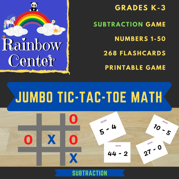 Jumbo Tic Tac Toe Math Game - Subtraction - Grades K-3 Using Number Combinations 1-50 - Printable Game Activity