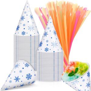 boao 100 pieces snow cone cups 4.5 oz leakproof cone paper cups matching 100 pieces spoon straws for slush shaved ice cream sorbet water (snowflake style)