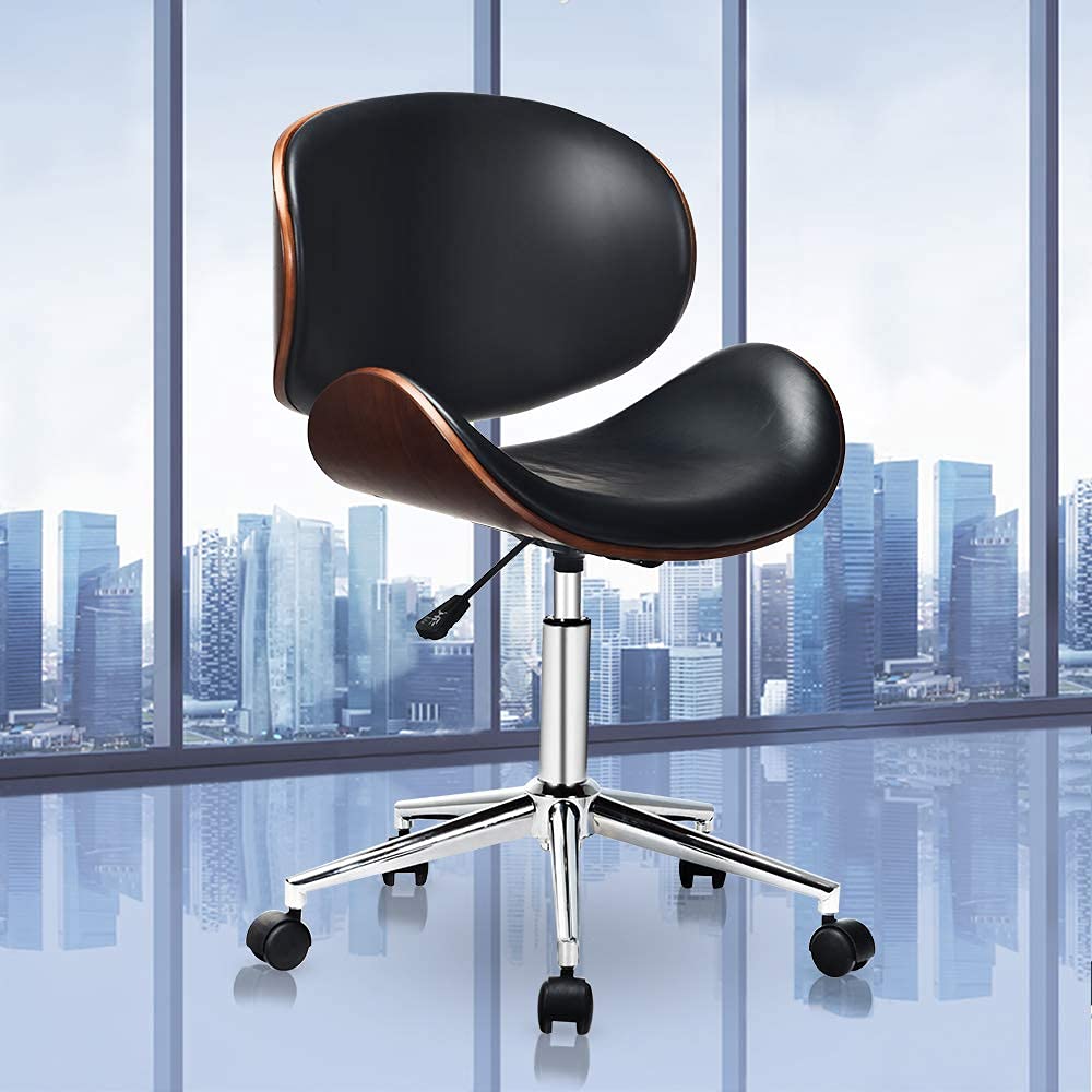 GOODALLIN Adjustable Modern Mid-century Office Chair with Curved Seat/Back, Swivel Executive Chair, Rolling Computer Chair, Wooden Accent, Stainless Steel Legs and 5 Wheels for Home and Office, Black