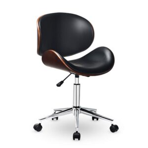 GOODALLIN Adjustable Modern Mid-century Office Chair with Curved Seat/Back, Swivel Executive Chair, Rolling Computer Chair, Wooden Accent, Stainless Steel Legs and 5 Wheels for Home and Office, Black