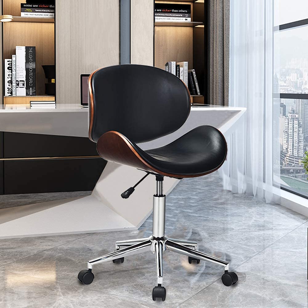 GOODALLIN Adjustable Modern Mid-century Office Chair with Curved Seat/Back, Swivel Executive Chair, Rolling Computer Chair, Wooden Accent, Stainless Steel Legs and 5 Wheels for Home and Office, Black