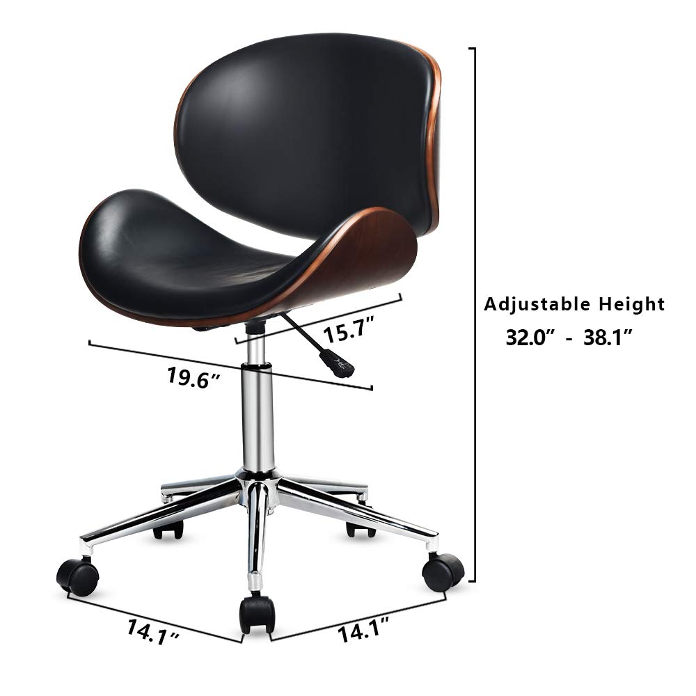 GOODALLIN Adjustable Modern Mid-century Office Chair with Curved Seat/Back, Swivel Executive Chair, Rolling Computer Chair, Wooden Accent, Stainless Steel Legs and 5 Wheels for Home and Office, Black