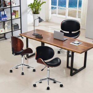 GOODALLIN Adjustable Modern Mid-century Office Chair with Curved Seat/Back, Swivel Executive Chair, Rolling Computer Chair, Wooden Accent, Stainless Steel Legs and 5 Wheels for Home and Office, Black