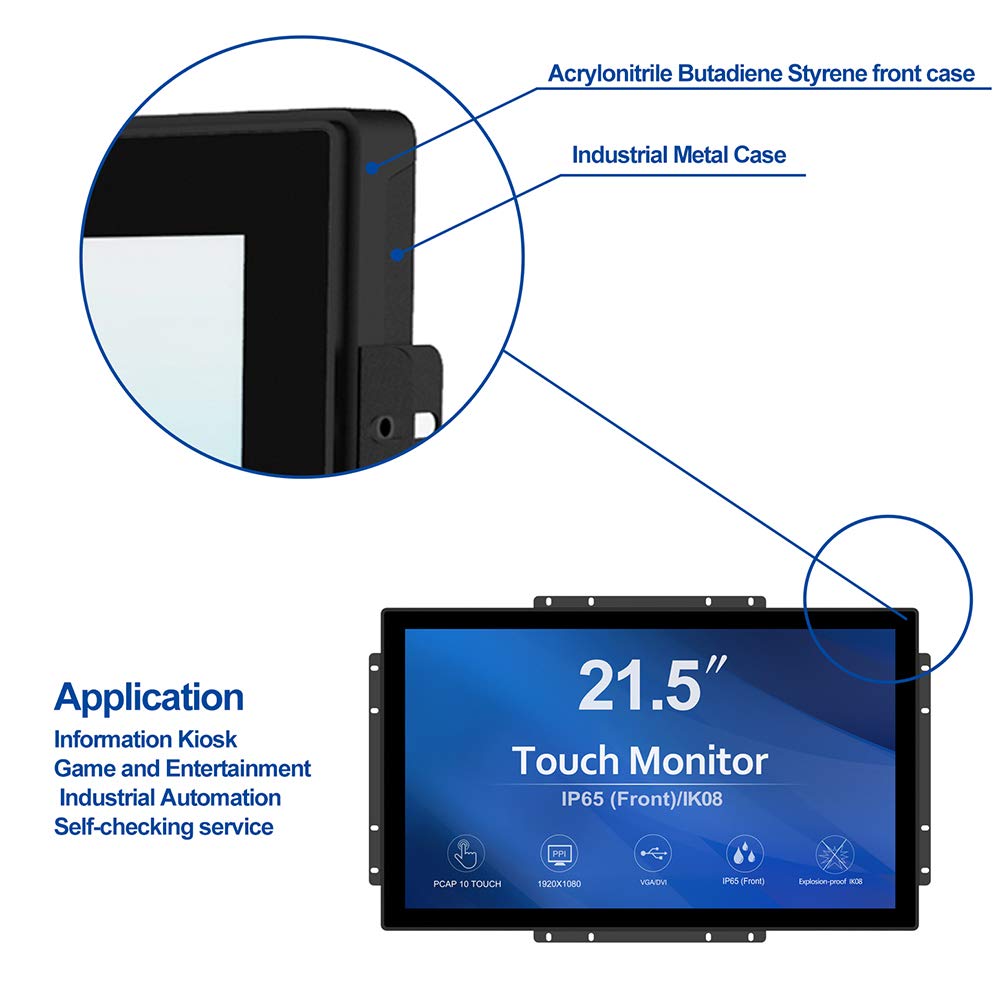 GreenTouch 21.5 inch 10 Points Touch Front IK08/IP65 Open Frame Touch Monitor Desktop or Wall Mountable Multi Point Touch 1920x1080