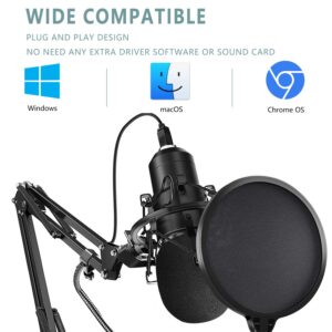 Upgraded USB Microphone for Computer, Mic for Gaming, Podcast, Live Streaming, YouTube on PC, Mic Studio Bundle with Adjustment Arm Stand, Fits for Windows & Mac PC, Plug & Play Design, Black