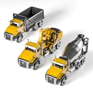 temi 3 pack of diecast engineering construction vehicles, dump truck, digger, mixer truck, 1/50 scale metal collectible model cars, pull back car toys with opening doors for boys and girls