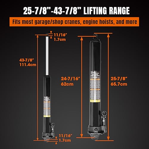 Torin 3 Ton Hydraulic Long Ram Jack with Single Piston Pump and Clevis Base (Fits: Garage/Shop Cranes, Engine Hoists, and More) w/Handle, Black, AT30306B