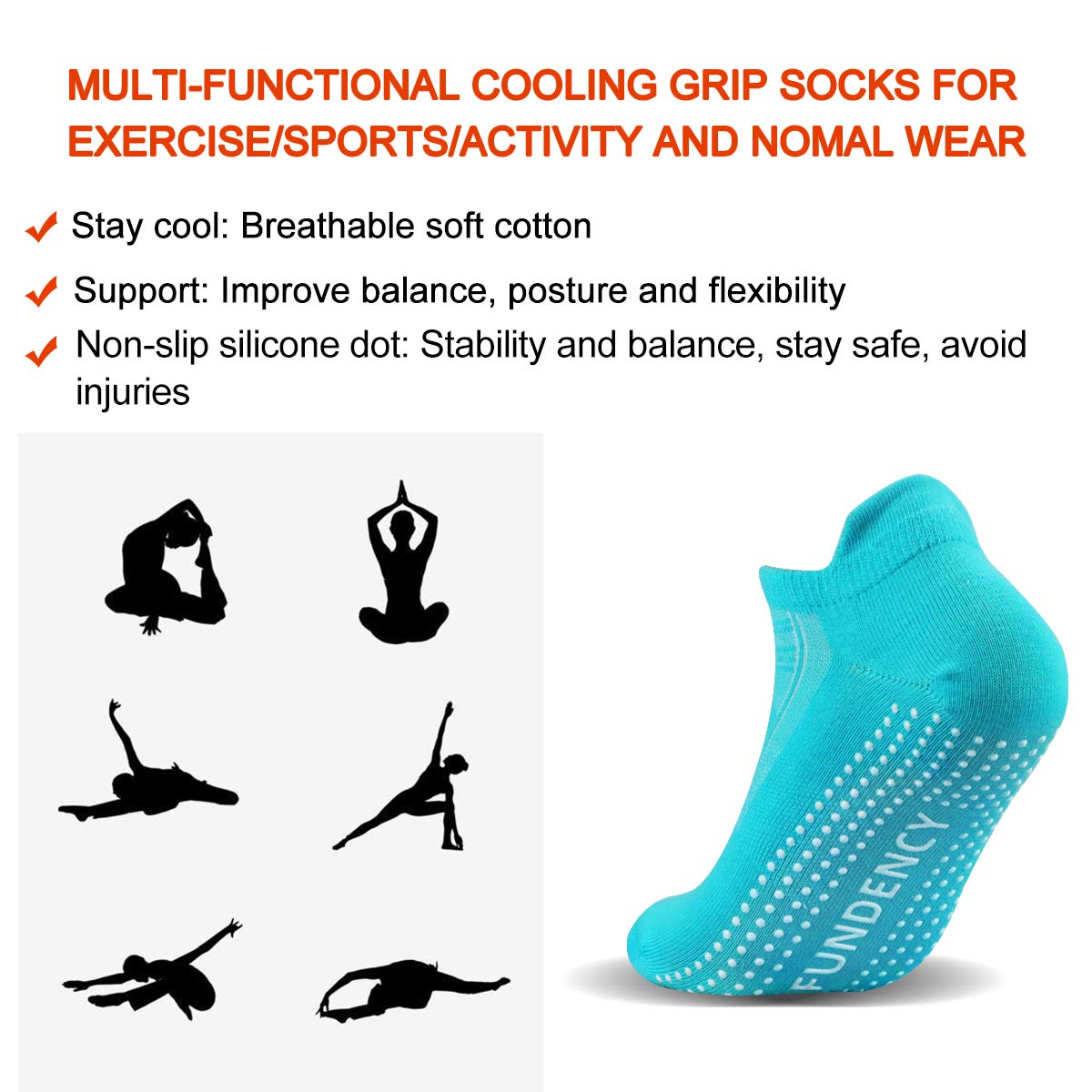 FUNDENCY Non Slip Yoga Socks for Women 6 Pairs, Anti-Skid Socks for Pilates Bikram Fitness Socks with Grips