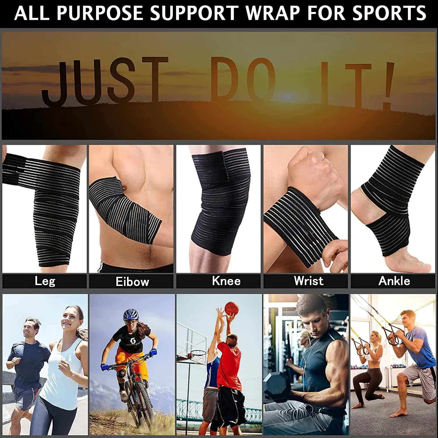 2Pcs Knee Wraps for Leg Calf Thigh Extra Long Elastic All Purpose Support Wrap Brace Compression Bandage for Pain Relief Weightlifting Powerlifting Squats (71in, Black, 2)