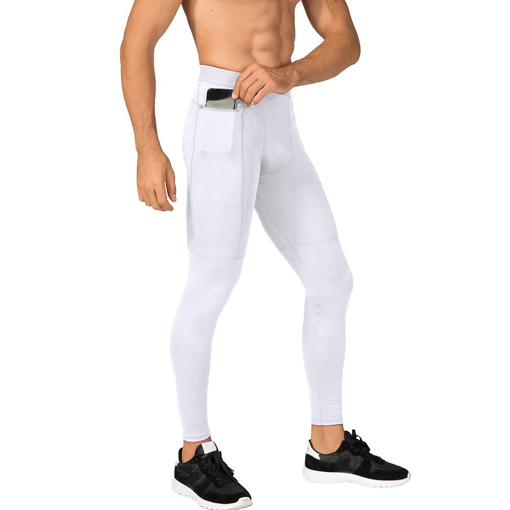 WRAGCFM Compression Pants Men,Tights for Men Running Workout Basketball Athletic Sports Leggings Compression Tights with Pockets White,S