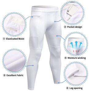 WRAGCFM Compression Pants Men,Tights for Men Running Workout Basketball Athletic Sports Leggings Compression Tights with Pockets White,S