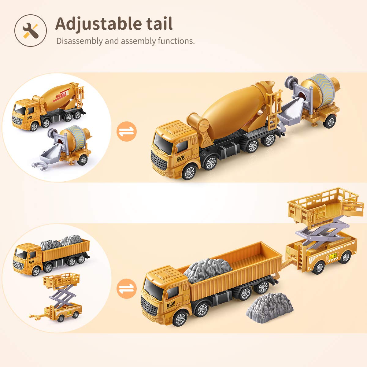 Geyiie Construction Vehicles Truck Toys, Engineering Truck Die Cast Alloy Truck Head, Tractor Trailer Excavator Dump Loader Cement Forklift Sandbox Gift for Toddlers Kids 3 4 5 6 Year Old Boy