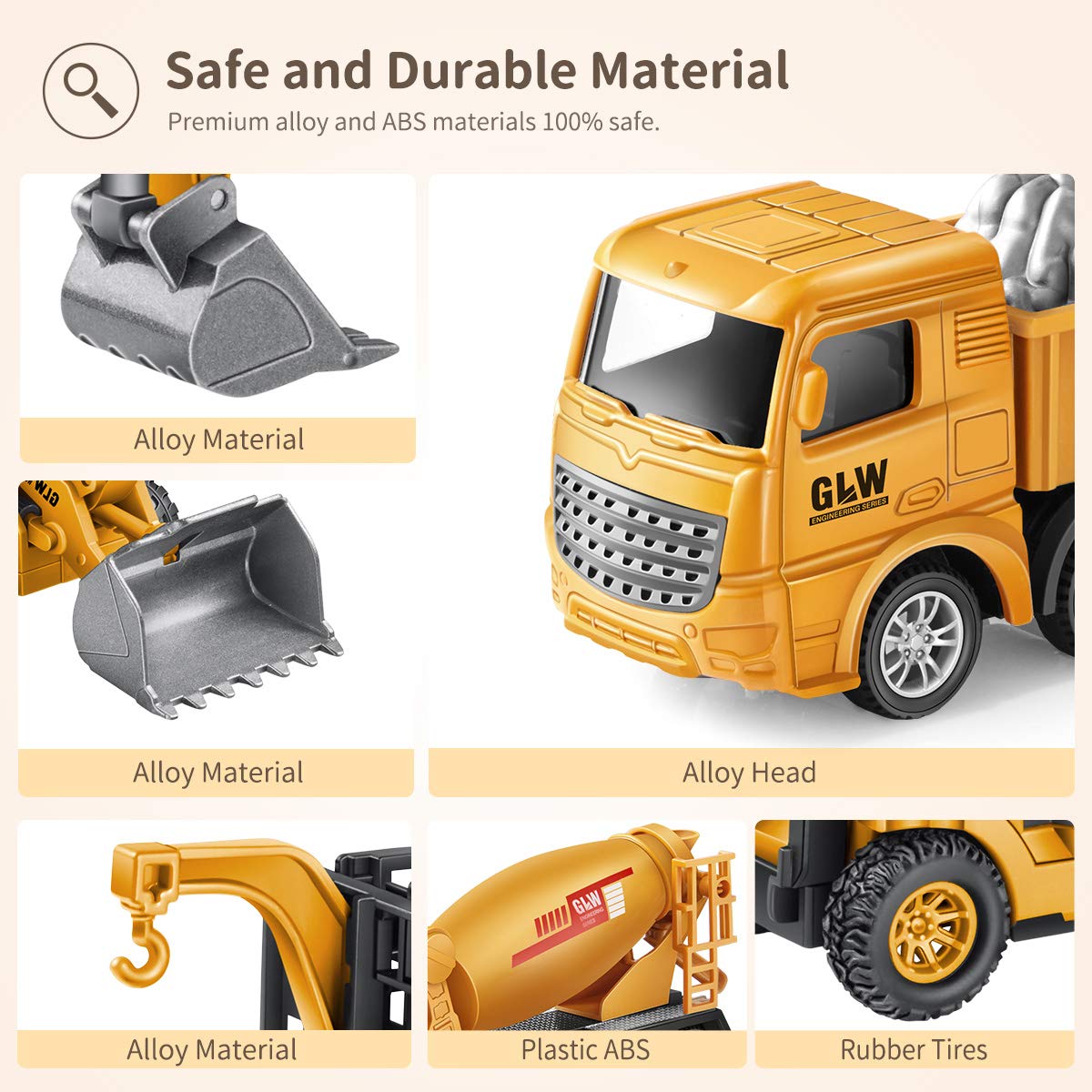 Geyiie Construction Vehicles Truck Toys, Engineering Truck Die Cast Alloy Truck Head, Tractor Trailer Excavator Dump Loader Cement Forklift Sandbox Gift for Toddlers Kids 3 4 5 6 Year Old Boy