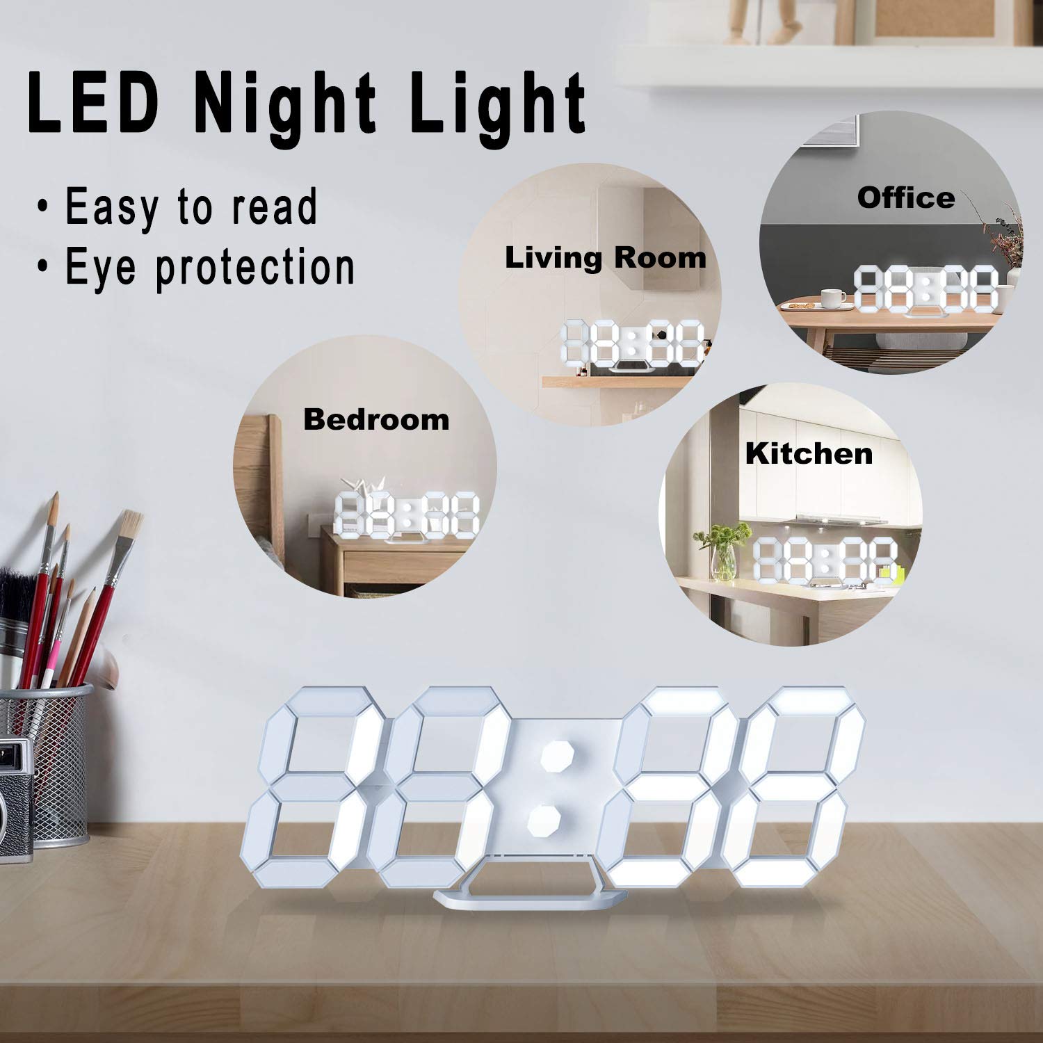 EDUP Home 3D LED Digital Wall Clock Desk Alarm Clock with Remote Control for Kitchen Bedroom Office, Fashion 9.7" LED Night Light Decor Clock Adjust Brightness 12H/24H Time Date Temperature White