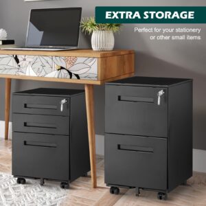 HOMEER 2 Drawer Mobile File Cabinet with Lock & Wheel, Under Desk Rolling Vertical Filing Cabinet, Anti-tilt Design Home & Office Metal Storage Drawers Filing Cabinet for Legal, Letter, A4 File, Black