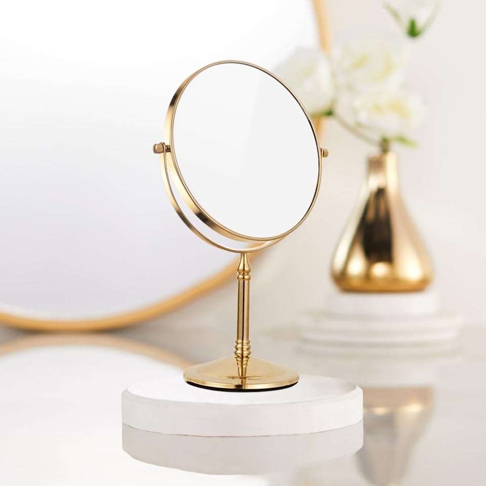 Gecious Gold Makeup Mirror 1X/10X Free Standing for Bathroom 8 Inches 360 Swivel Dual-Sided Tabletop Makeup Mirror, Metal