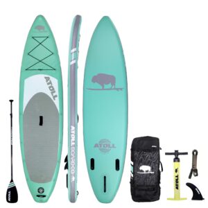 atoll 11' feet inflatable stand up paddle board (6 inches thick, 32 inches wide) isup, bravo hand pump and 3 piece paddle, travel backpack and accessories new leash included (aqua marine)